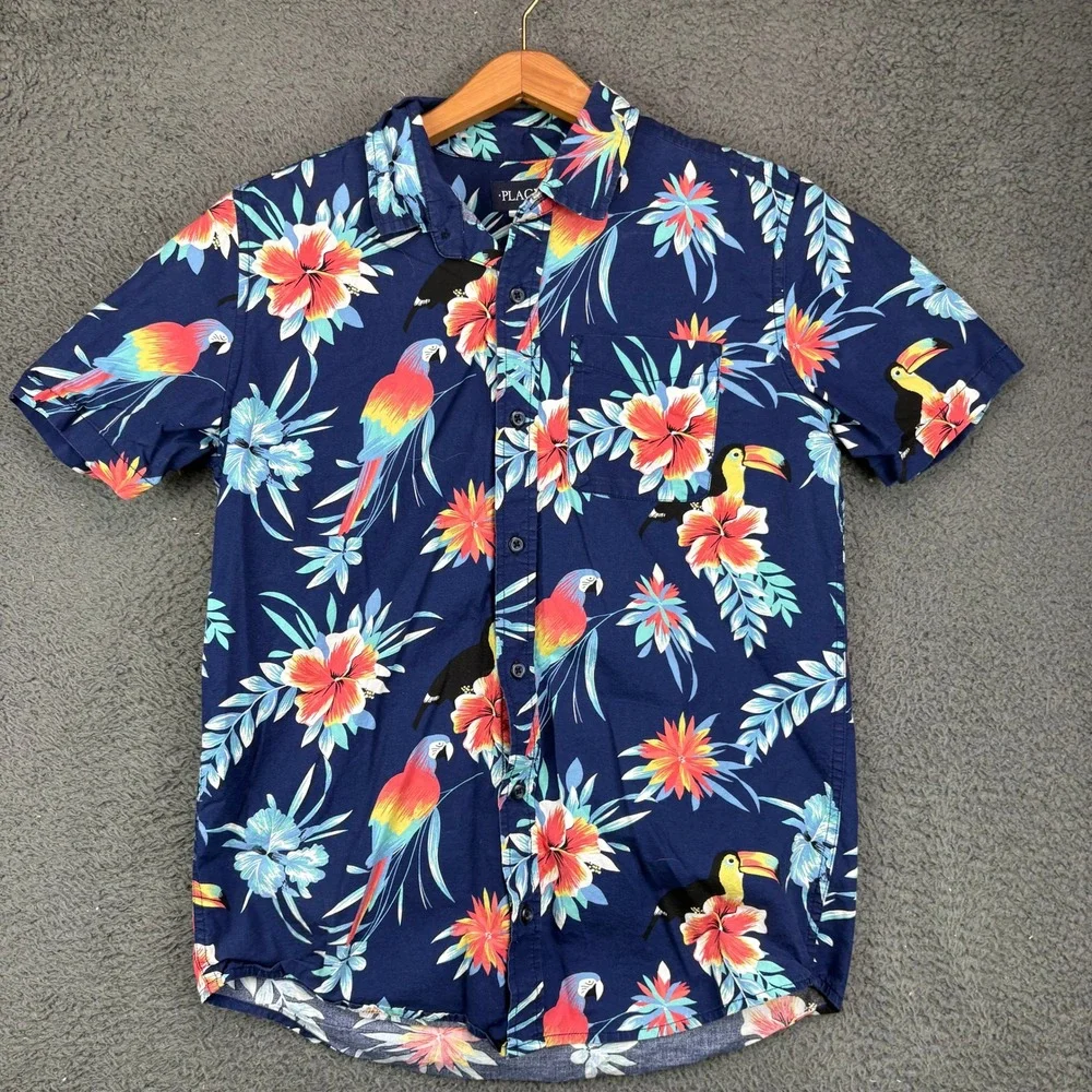 The Childrens Place Boys Blue Tropical Parrot Toucan Floral Button Down Shirt 16